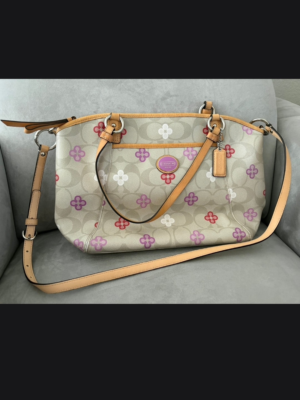 Coach Beige Signature Floral Tote with Pink, Purple & Red Accents